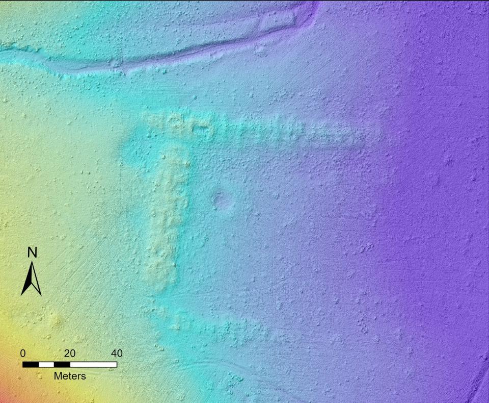 In a different angle of the above image using data from drone-based lidar, the pueblo's "c-shaped" room block is visible, along with the depression that researchers believe marked the location of a kiva.