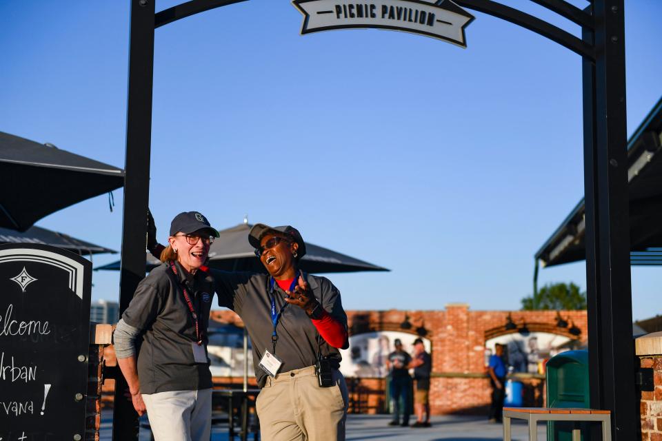 Evonne Austin, right, and Nancy Benner,  at Fluor Field during the Greenville Drive game on Wednesday, April 12, 2023.