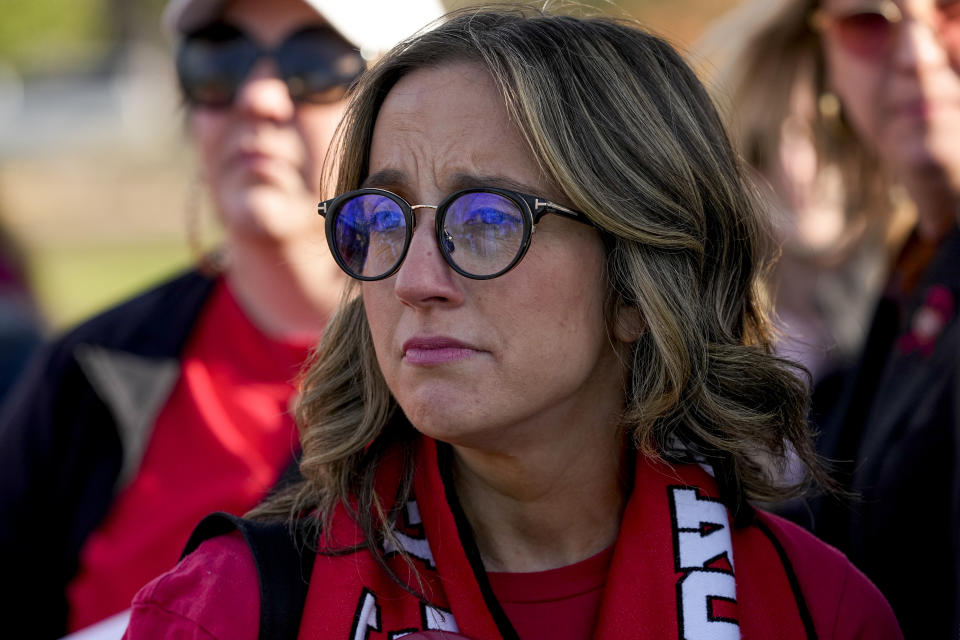 Covenant School mother Sarah Shoop Neumann attends the Linking Arms for Change human chain Wednesday, March 27, 2024, in Nashville, Tenn. The event was to commemorate the one-year anniversary of the mass shooting at the school. Three students and three adults were killed in the incident. (AP Photo/George Walker IV)