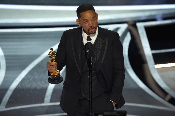 Will Smith cries as he accepts the award for best performance by an actor in a leading role for "King Richard" at the Oscars on Sunday, March 27, 2022, at the Dolby Theatre in Los Angeles. (AP Photo/Chris Pizzello)