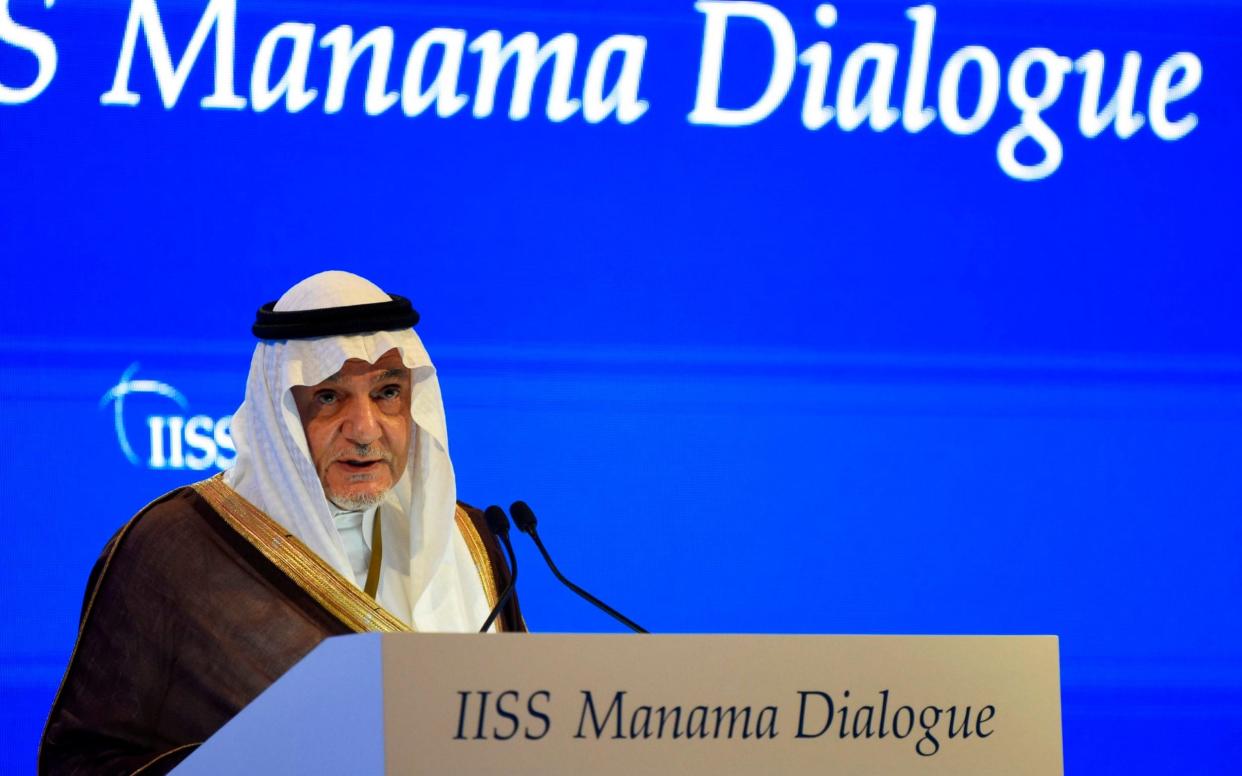 Turki al-Faisal bin Abdulziz al-Saud, chairman of King Faisal Center for Research and Islamic Studies, addresses the Manama Dialogue security conference - MAZEN MAHDI /AFP