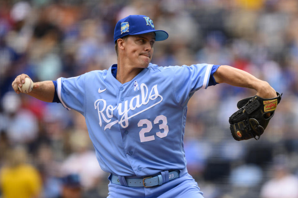 Kansas City Royals starting pitcher Zack Greinke throws to a Los Angeles Angels batter during the first inning of a baseball game, Sunday, June 18, 2023, in Kansas City, Mo. (AP Photo/Reed Hoffmann)
