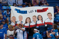 French fans unfurl a banner as they cheer for Kristina Mladenovic during her match against Australia's Ajla Tomljanovic during their Fed Cup tennis final in Perth, Australia, Saturday, Nov. 9, 2019. (AP Photo/Trevor Collens)