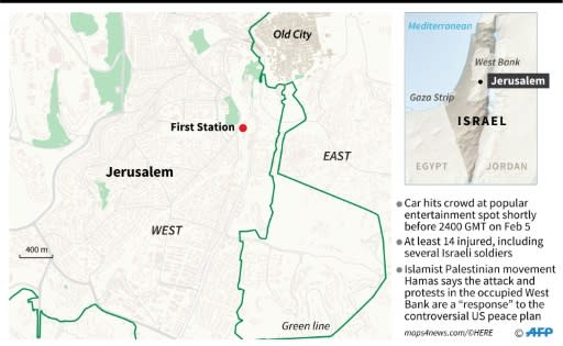 Location of First Station, an entertainment spot in Jerusalem, where a car hit a crowd shortly before 2400 GMT on February 5