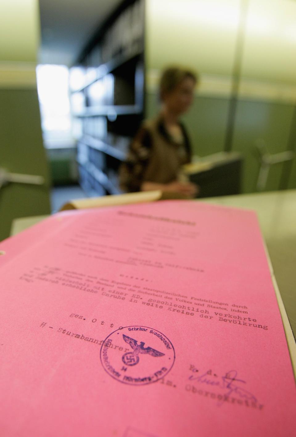 A document of the secret state police of the nazi-regime, Gestapo, is pictured at the ITS (International Tracing Service) Holocaust Archive on April 28, 2006 in Bad Arolsen, Germany. (Photo by Ralph Orlowski/Getty Images)