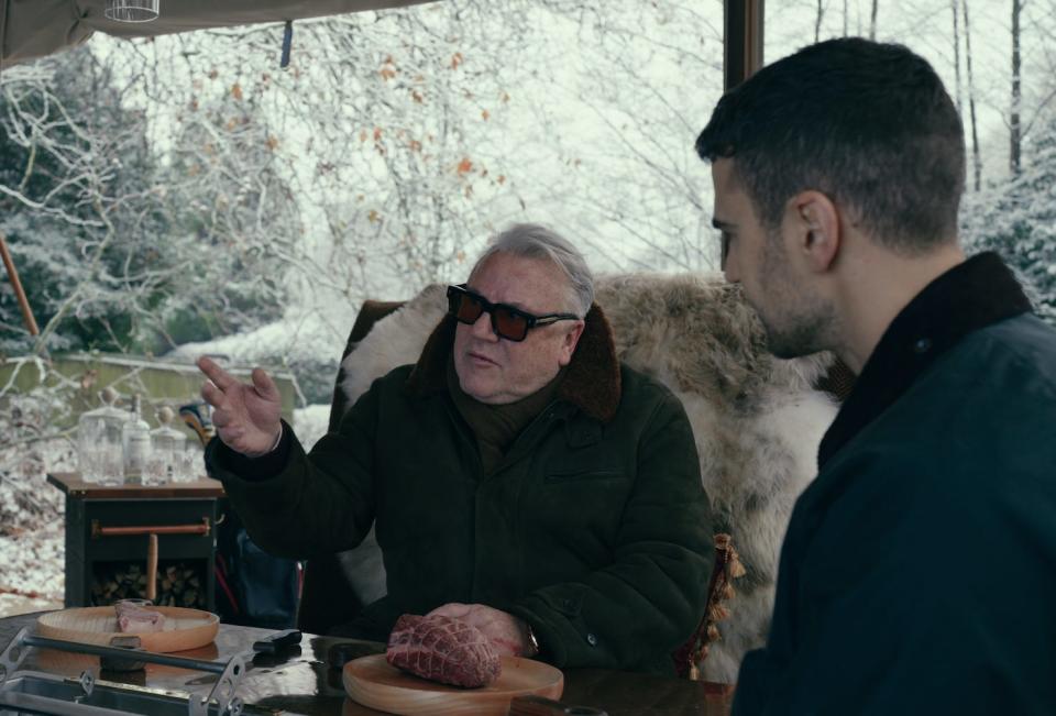 Ray Winstone as Bobby Glass and Theo James as Eddie Horniman in "The Gentlemen."