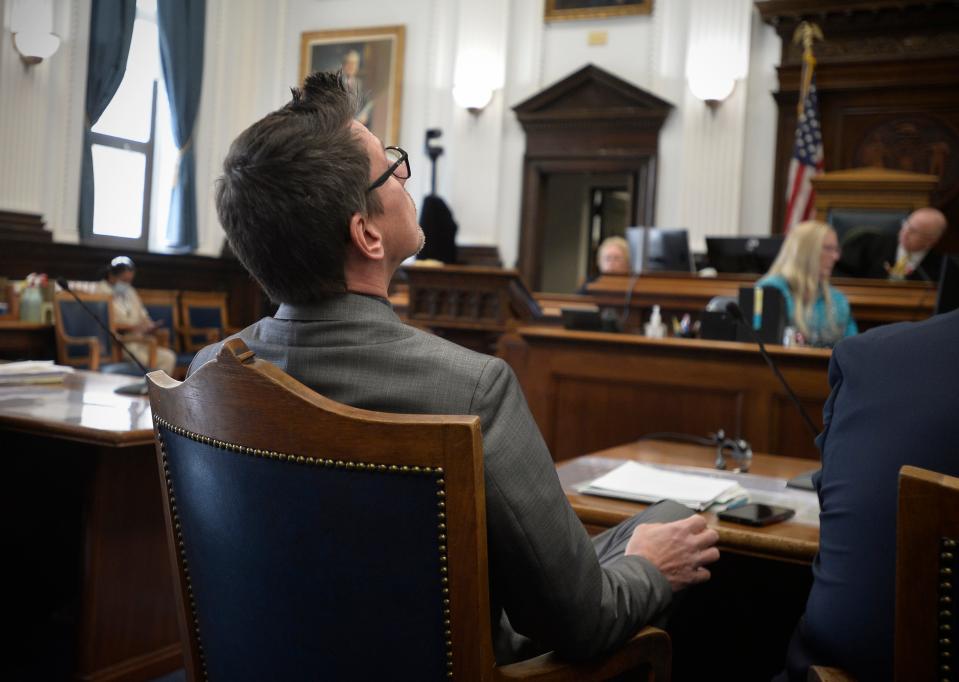 Assistant District Attorney Thomas Binger holds his gaze to the ceiling as he waits for verdicts to be read in Kyle Rittenhouse's trial at the Kenosha County Courthouse in Kenosha, Wis., on Friday, Nov. 19, 2021. Rittenhouse has been acquitted of all charges after pleading self-defense in the deadly Kenosha shootings that became a flashpoint in the nationâ€™s debate over guns, vigilantism and racial injustice. The jury came back with its verdict afer close to 3 1/2 days of deliberation. (Sean Krajacic/The Kenosha News via AP, Pool)