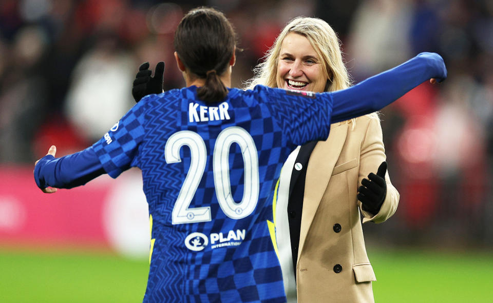 Sam Kerr, pictured here with Emma Hayes at Chelsea in 2021.