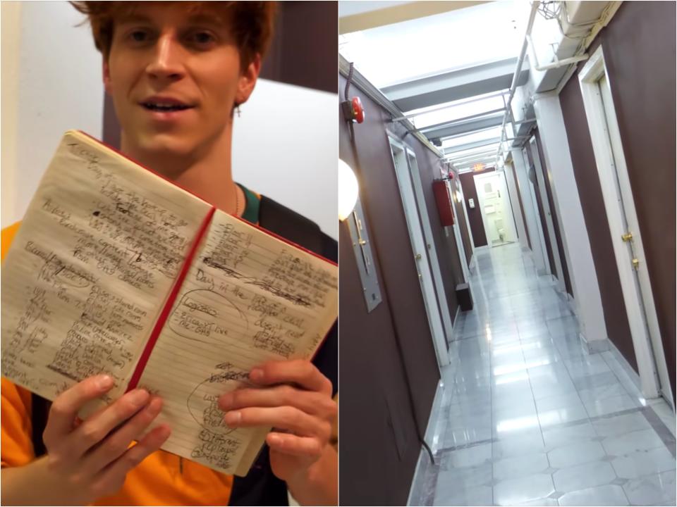 Side by side of Peet holding open a notebook with room numbers and a hotel hallway with brown walls.