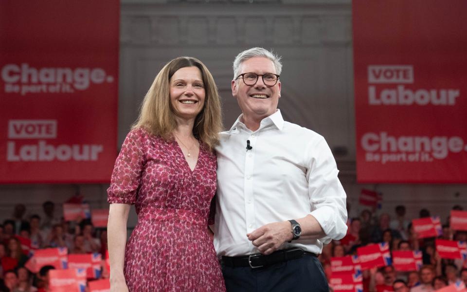 For a major campaign event at the Royal Horticultural Halls in central London, Lady Starmer wore a dress by The Kooples