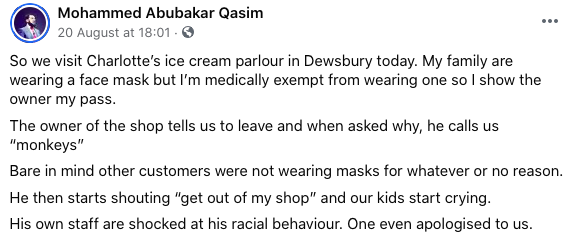 The Facebook post from Mohammed Abubakar Qasim about the alleged incident. (Facebook/Mohammed Abubakar Qasim)