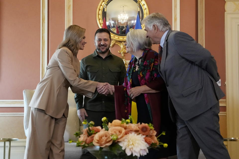 Ukrainian President Volodymyr Zelenskyy, second from left, and his wife Olena Zelenska, left, meet with Governor General Mary Simon, second from right, and her husband Whit Fraser in Ottawa on Friday, Sept. 22, 2023. (Adrian Wyld /The Canadian Press via AP)