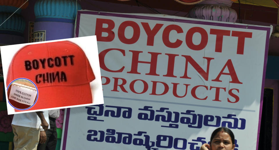 網傳印有「Boycott China」的帽子相片（大圖），惟產地竟是中國（小圖）。