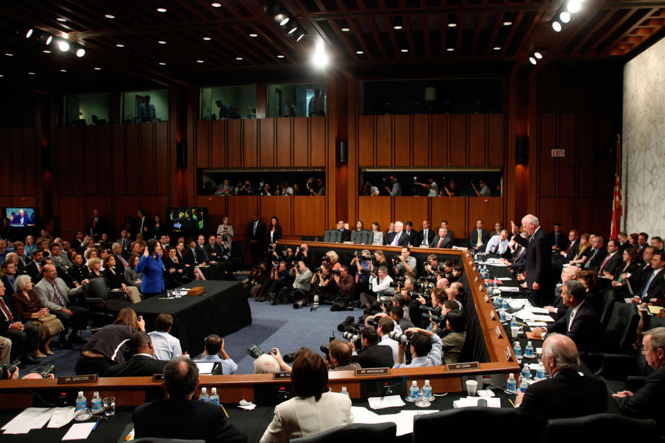 Supreme Court nominee Judge Sonia Sotomayor is sworn in by  committee chairman Sen. Patrick Leahy, D-Vt., during her confirmation hearing on July 13, 2009 in Washington. (Mark Wilson / Getty Images)