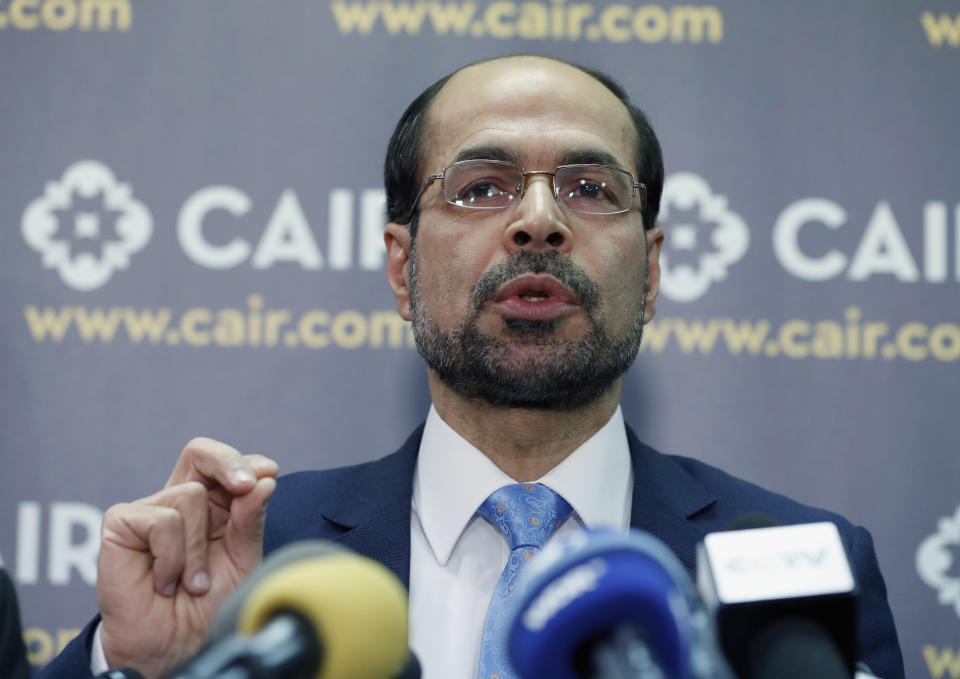 FILE - Council on American-Islamic Relations (CAIR) national executive director Nihad Awad speaks during a news conference, Jan. 30, 2017, in Washington. The national Muslim civil rights group said Thursday, Oct. 19, 2023, that it is moving its annual banquet out of a Virginia hotel that received bomb and death threats possibly linked to the group's concern for Palestinians caught in the Israel-Hamas war. Awad, who is Palestinian American, condemned the threats received by the organization and hotel staff. (AP Photo/Alex Brandon, File)