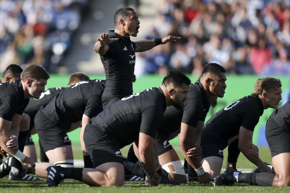 New Zealand's All Blacks perform a haka ahead of a rugby championship match against Argentina's Los Pumas, at Malvinas Argentinas stadium in Mendoza, Argentina, Saturday, July 8, 2023. (AP Photo/Nicolas Aguilera)