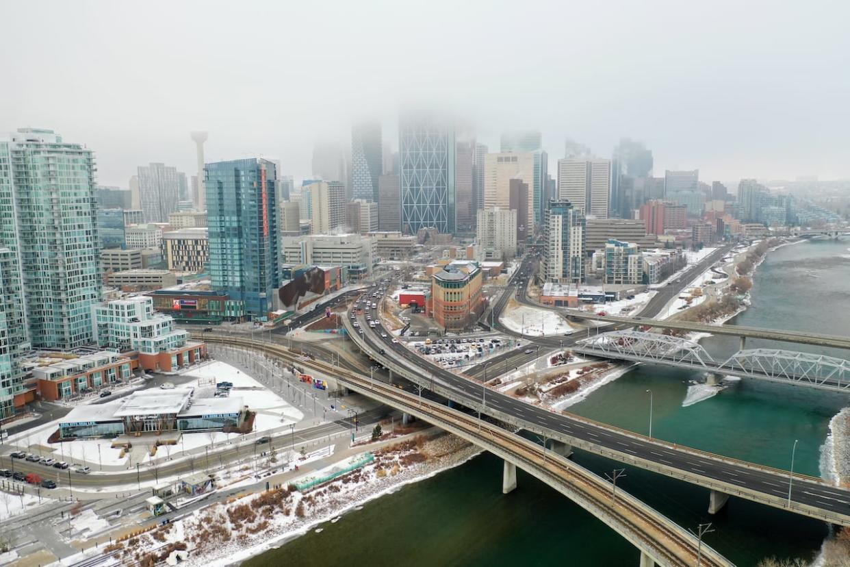 Shots from a drone of the Bow River and downtown Calgary in December 2020.  (David Bajer/CBC - image credit)