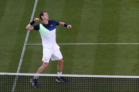 Tennis - WTA Premier & ATP 250 - Nature Valley International - Devonshire Park, Eastbourne, Britain - June 25, 2018 Britain's Andy Murray celebrates winning his first round match against Switzerland's Stan Wawrinka Action Images via Reuters/Paul Childs