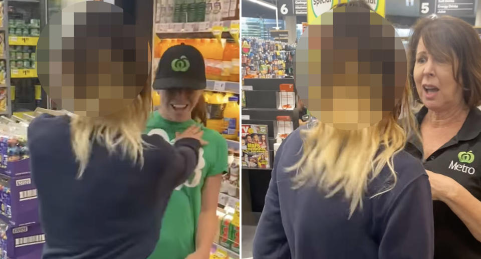 A teenage girls hurls abuse at staff at Woolworths Metro in Broadwater.