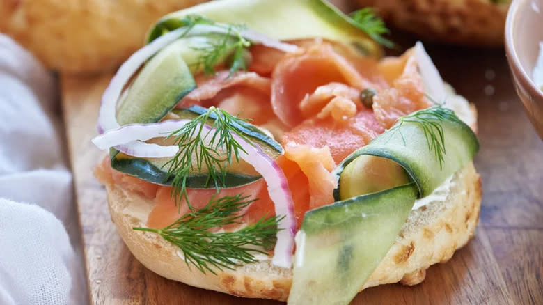 Loaded lox bagel with toppings