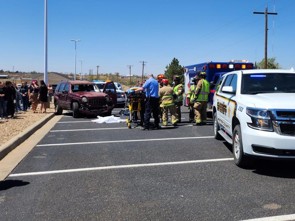 Area first responders demonstrate "Shattered Dreams" Wednesday afternoon in the River Road High School parking lot. Students saw what a fatal crash would be really like, due to driving under the influence.