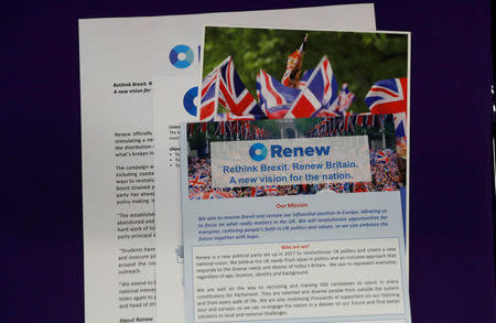 Renew party literature is seen at press conference in London, Britain, February 19, 2018. REUTERS/Peter Nicholls