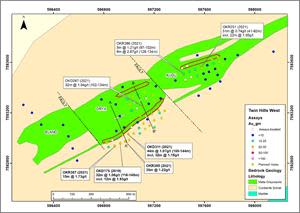 THW drill intercepts, GM Values1,2 and planned RD drill collars. Section lines A-A’ and B-B’ in Figures 3 and 4