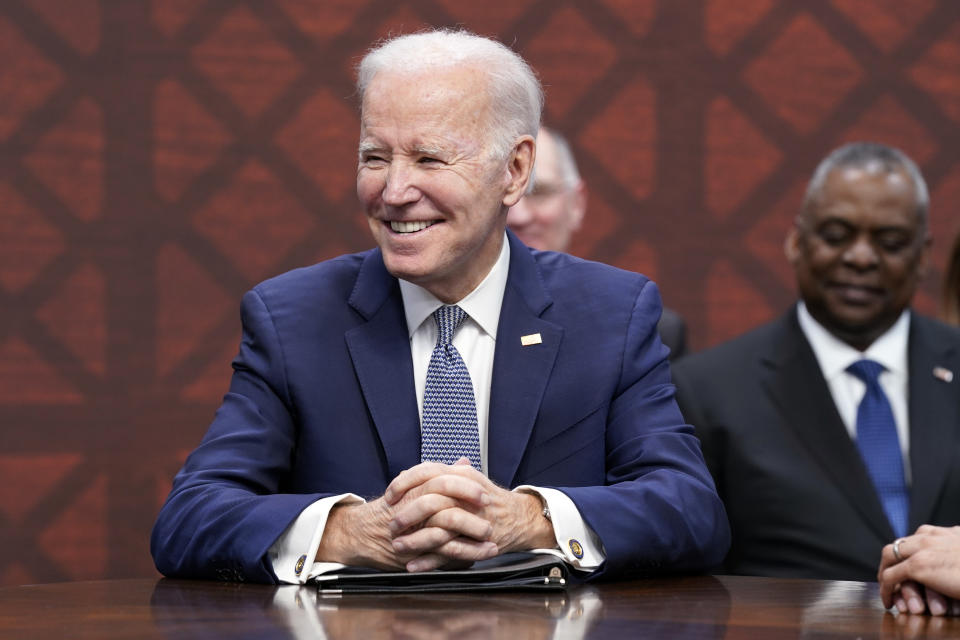 President Joe Biden participates in a meeting with British Prime Minister Rishi Sunak and Australian Prime Minister Anthony Albanese at Naval Base Point Loma, Monday, March 13, 2023, in San Diego. (AP Photo/Evan Vucci)