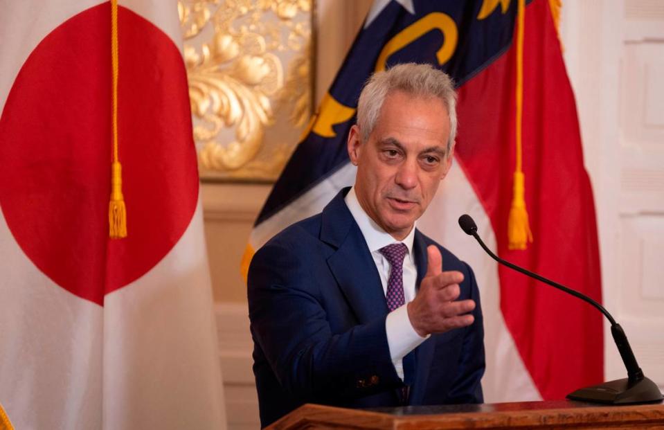 Rahm Emanuel, U.S. Ambassador to Japan, addresses a luncheon in honor of Japanese Prime Minister Fumio Kishida on Friday, April 12, 2024 at the Executive Mansion in Raleigh, N.C.