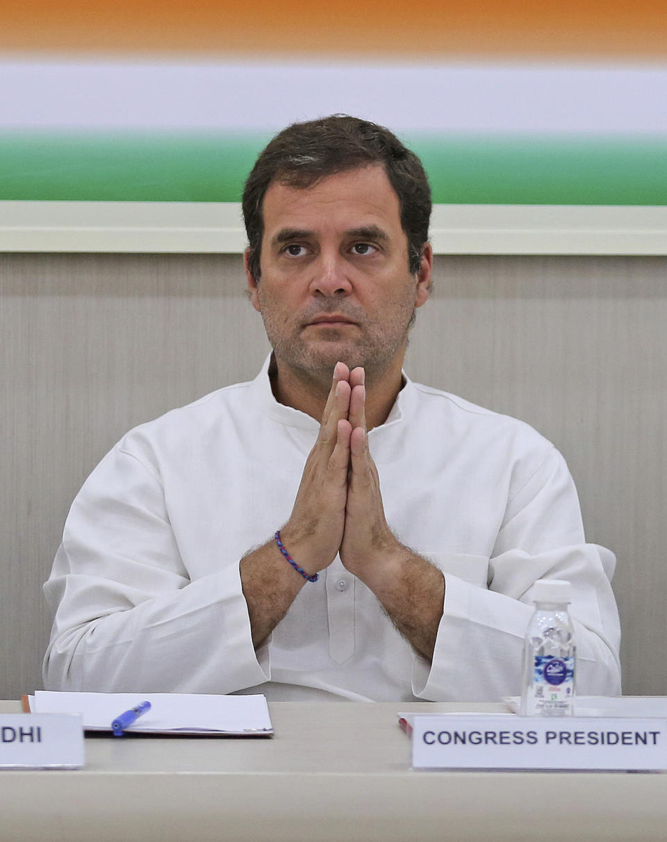 Congress party President Rahul Gandhi attends a Congress Working Committee meeting in New Delhi, India, Saturday, May 25, 2019. The BJP's top rival, led by Gandhi, won 52 seats out of 542 seats in the Lok Sabha, the lower house of Parliament, after the official vote count finished Friday. (AP Photo/Altaf Qadri)