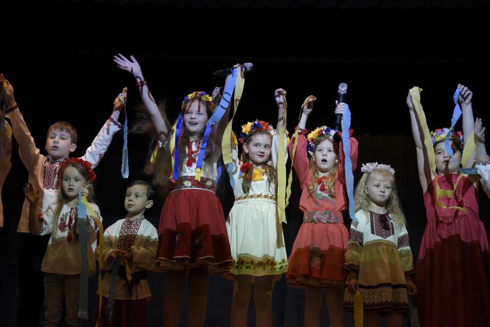 A children’s performance during a fundraiser for Ukraine at the Lakewood Estonian House on Saturday, May 14, 2022 in Jackson, New Jersey. 