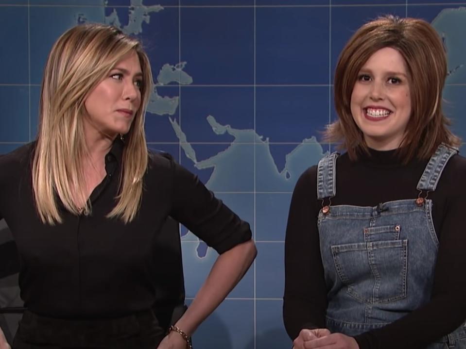 Jennifer Aniston joined Vanessa Bayer on ‘Saturday Night Live’ in 2016 for a skit dedicated to Bayer’s impression of Rachel from ‘Friends' (YouTube/Saturday Night Live)