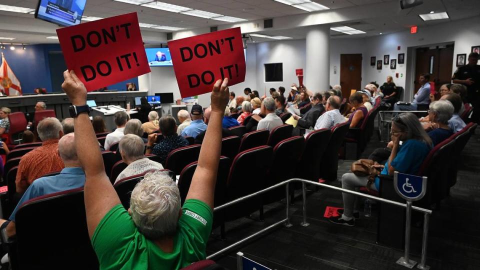 Dozens of residents protested the proposed changes to Manatee County's wetland buffers during a meeting of the Board of County Commissioners on Thursday, Oct. 5, 2023. More than 2,300 signed an online petition against the change.