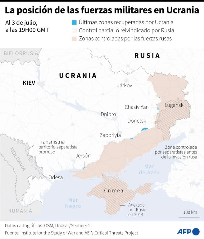 Mapa de las zonas controladas por las fuerzas ucranianas y rusas en Ucrania, al 3 de julio a las 19H00 GMT (Valentin RAKOVSKY)