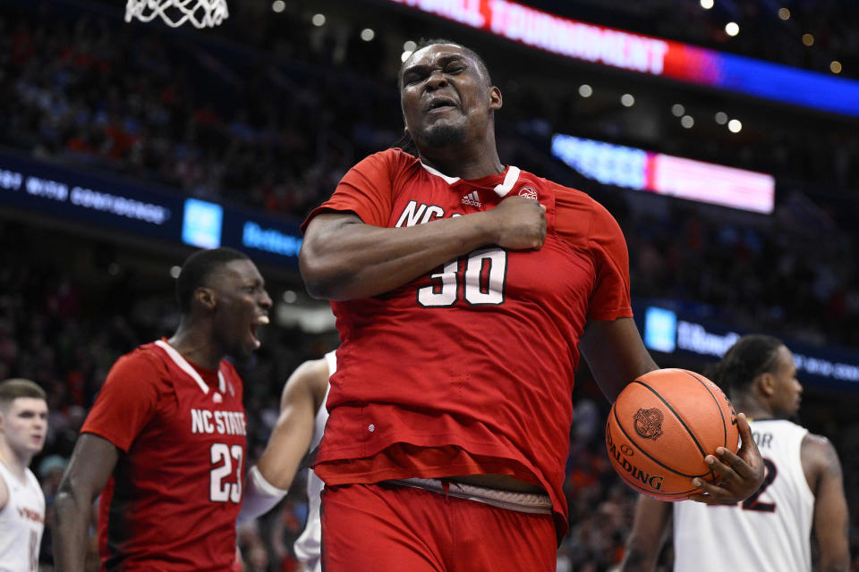 North Carolina State forward DJ Burns Jr. reacts during a game against Virginia on March 15. (AP Photo/Nick Wass)