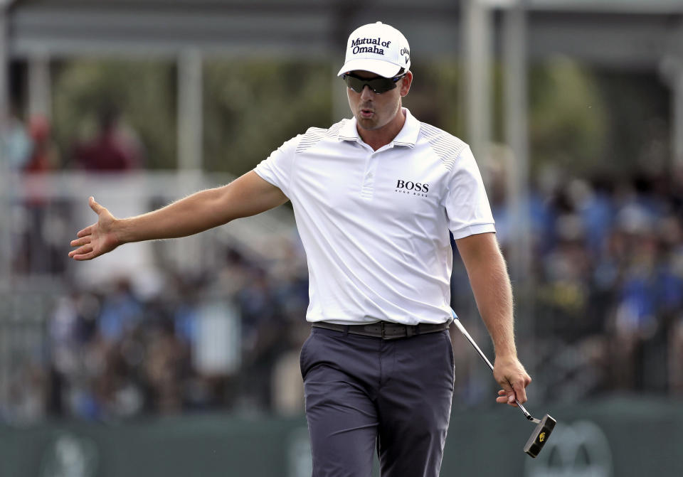 Henrik Stenson, of Sweden, reacts to a missed birdie putt on the 17th hole during the final round of the Arnold Palmer Invitational golf tournament at Bay Hill, Sunday, March 23, 2014, in Orlando, Fla. (AP Photo/Chris O'Meara)