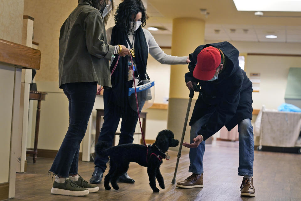 Kelley Dixon, right, greets Redwood, a poodle, as he trains while making the rounds at The Hebrew Home at Riverdale in New York, Wednesday, Dec. 9, 2020. New dog recruits are helping to expand the nursing home's pet therapy program, giving residents and staff physical comfort while human visitors are still restricted because of the pandemic. (AP Photo/Seth Wenig)