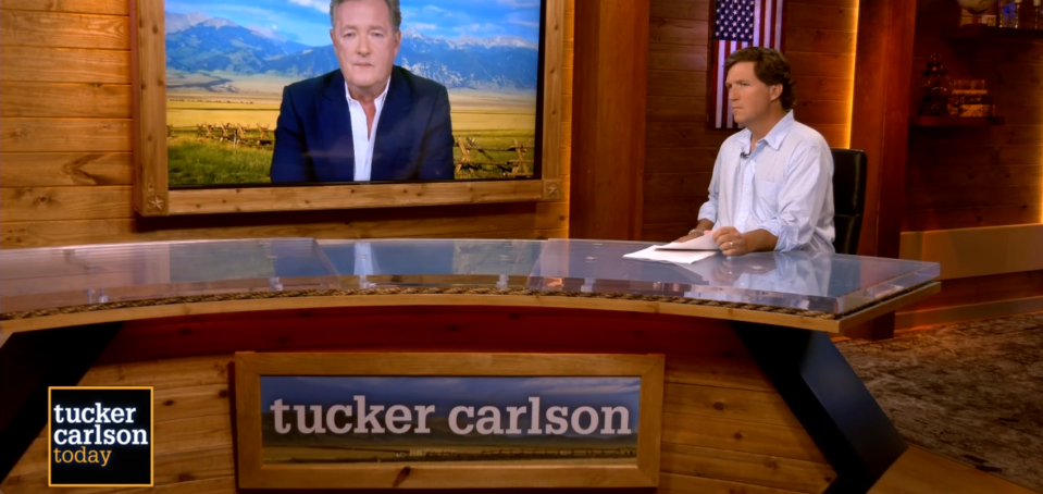 Piers Morgan was interviewed by Tucker Carlson on his Fox Nation show on April 5, 2021.