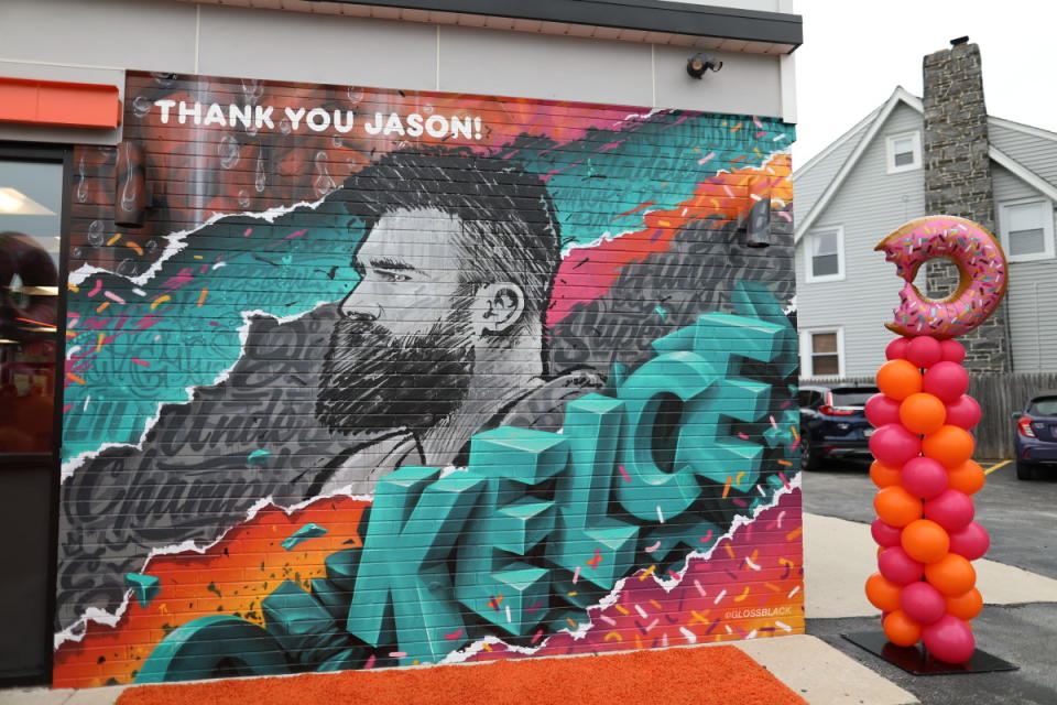 A mural of Jason Kelce at a Dunkin' restaurant in Havertown, Pa.<p>Dunkin'</p>