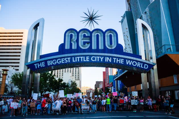 People in Reno, Nevada, protest the U.S. Supreme Court's decision to overturn Roe v. Wade in 2022.