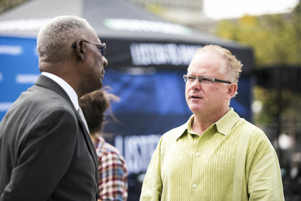 Artist and educator Robert Powell, left, talks&nbsp;with Chris King, editorial director of the St. Louis American.