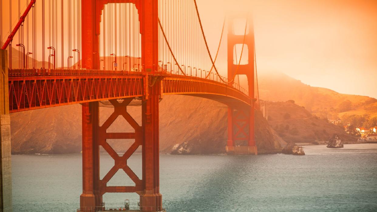 Golden Gate Bridge in San Francisco on a foggy day.