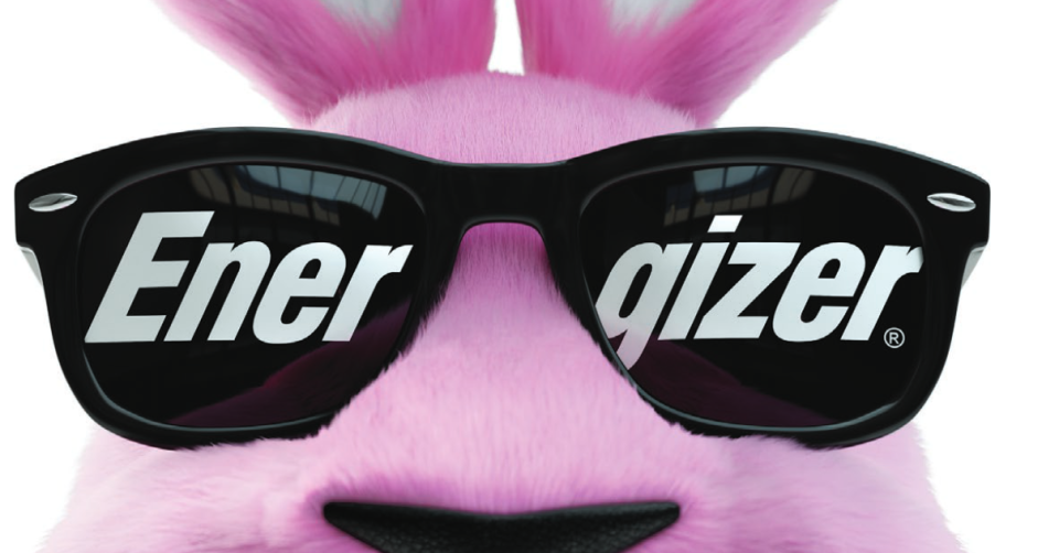 Pink stuffed bunny with black sunglasses labeled Energizer.