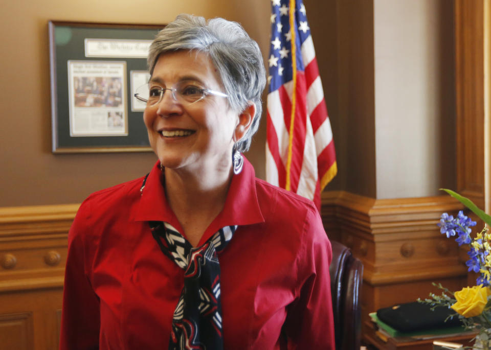 Sen. Susan Wagle, R-Wichita, and president of the Kansas Senate talks to a reporter in her office at the Kansas Statehouse in Topeka, Kan., Friday, Feb. 14, 2014. The Kansas Senate will not pass a bill in its current form that would prevent lawsuits against someone who refuses, for religious reasons, to provide services to gays and lesbians, Wagle said Friday. Wagle said the bill, which was approved Wednesday in the Kansas House, goes beyond protecting religious freedom. She raised concerns about discrimination and how it could impact businesses that would refuse services to gay couples. (AP Photo/Orlin Wagner)