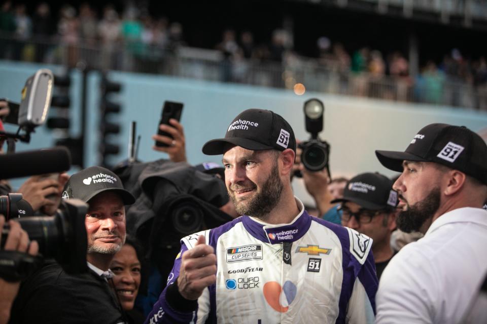 Shane van Gisbergen C reacts after winning the NASCAR Chicago Street Race in Grant Park in Chicago, the United States, on July 2, 2023. (Photo by Vincent Johnson/Xinhua via Getty Images)