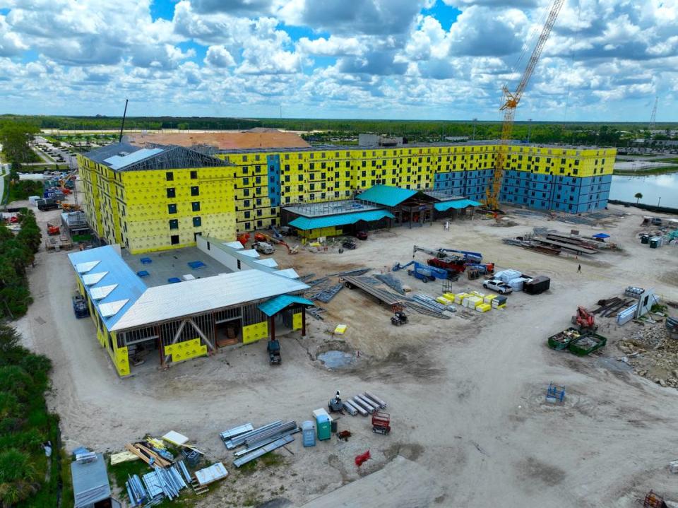 An aerial view of the construction for Great Wolf Lodge’s new indoor water park resort in Naples, Florida. It’s set to open October 2024.