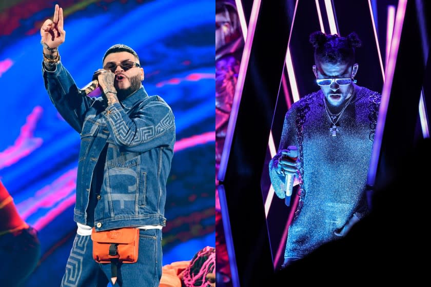 CORAL GABLES, FLORIDA - JULY 22: Farruko performs onstage at Premios Juventud 2021 at Watsco Center on July 22, 2021 in Coral Gables, Florida. (Photo by Jason Koerner/Getty Images for Univision) Los Angeles, CA, Sunday, March 7, 2021 - Bad Bunny, right, and Jhay Cortez(left) perform in a pre taped segment for the 63rd Grammy Awards at the LA Convention Center. (Robert Gauthier/Los Angeles Times)