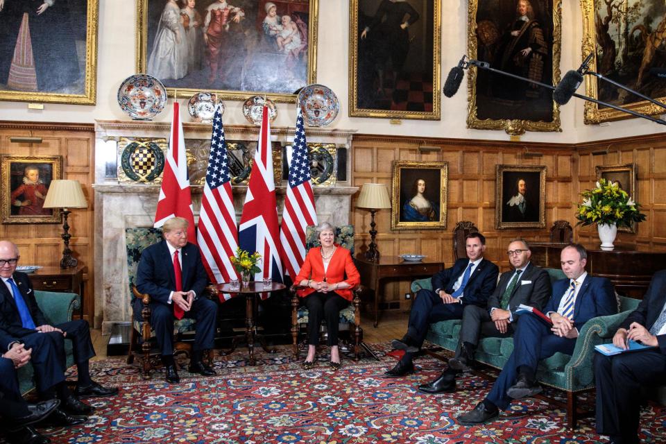 Warm introductions: Theresa May and Jeremy Hunt hold bi-lateral talks with Donald Trump at Chequers in July (Getty Images)