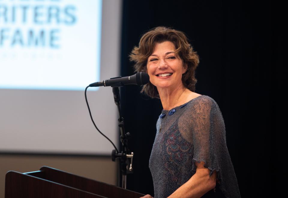 Amy Grant speaks after being announced for the veteran songwriter/ artist category for the Nashville Songwriters Hall of Fame, Class of 2021 at the Mike Curb College of Entertainment in Nashville, Tenn., Tuesday, July 13, 2021. 