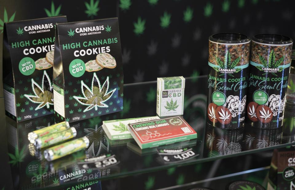 In this Thursday, June 6, 2019 photo, biscuits and other products are displayed at a Cannabis light store, in Rome. It’s been called Italy’s ‘’Green Gold Rush,’’ a flourishing business around light marijuana that has created 15,000 jobs and an estimated 150 million euros worth of annual revenues in under three years. But the budding sector is facing a political and judicial buzzkill. (AP Photo/Andrew Medichini)